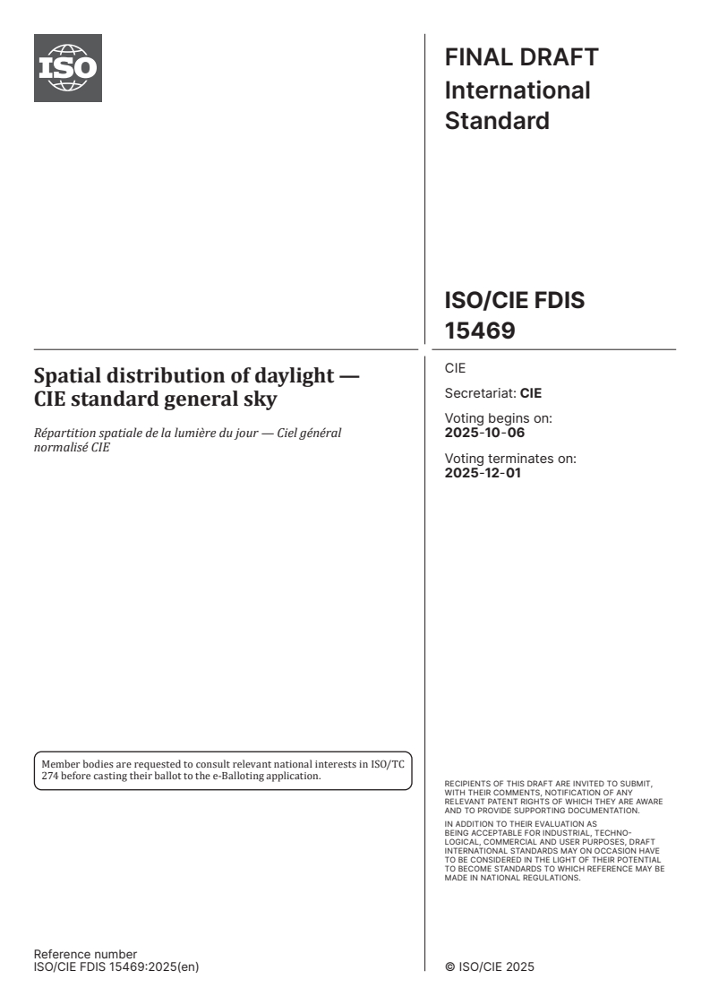 ISO/CIE 15469 ISO/CIE 15469 - Spatial distribution of daylight — CIE standard general sky/22/2025 - Page 1 preview