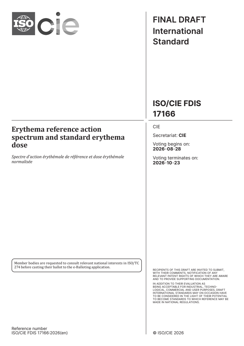 ISO/CIE FDIS 17166 ISO/CIE FDIS 17166 - Erythema reference action spectrum and standard erythema dose - Page 1 preview