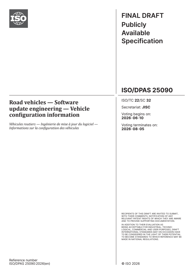 ISO/PAS 25090 ISO/DPAS 25090 - Road vehicles — Software update engineering — Vehicle configuration information - Page 1 preview
