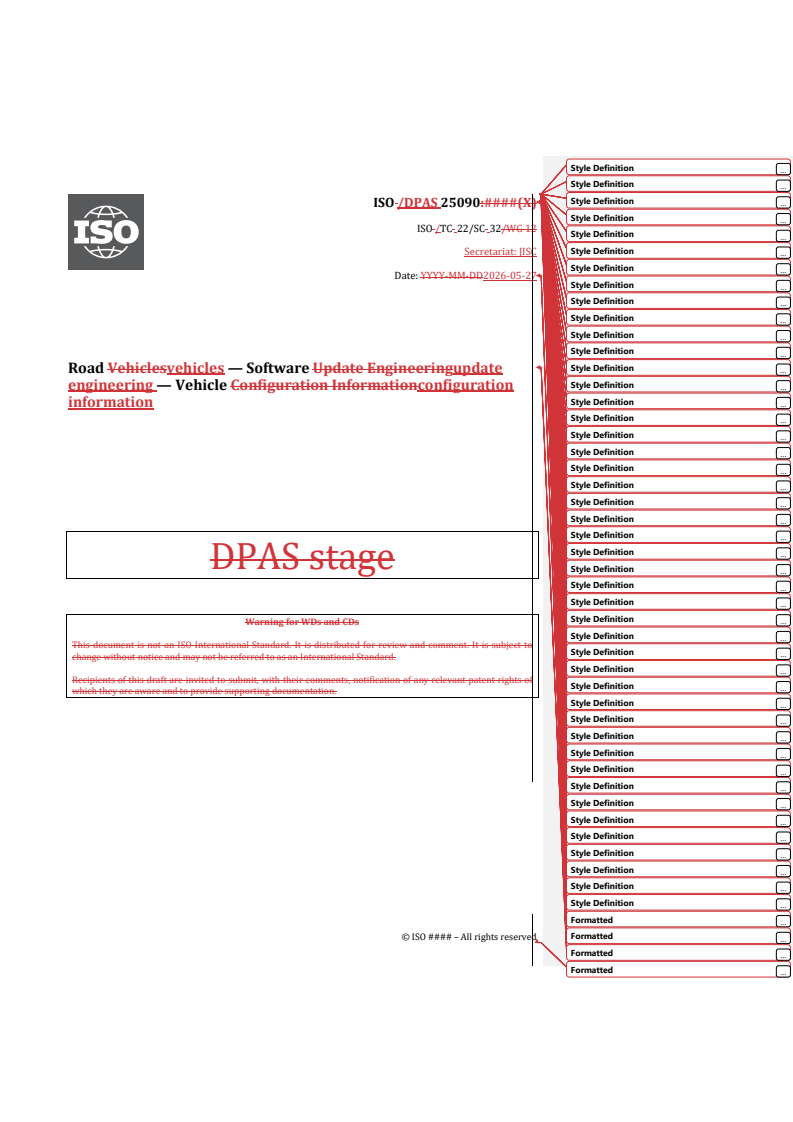 ISO/PAS 25090 REDLINE ISO/DPAS 25090 - Road vehicles — Software update engineering — Vehicle configuration information - Page 1 preview