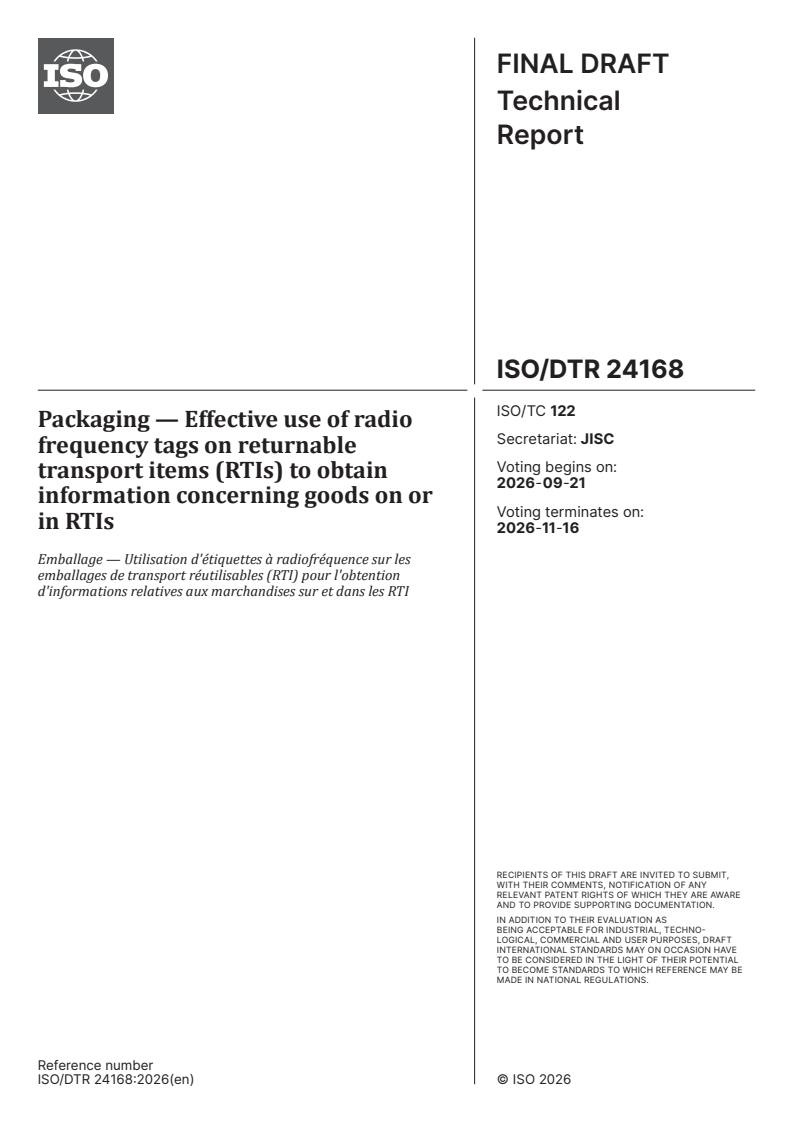 ISO/DTR 24168 ISO/DTR 24168 - Packaging — Effective use of radio frequency tags on returnable transport items (RTIs) to obtain information concerning goods on or in RTIs - Page 1 preview