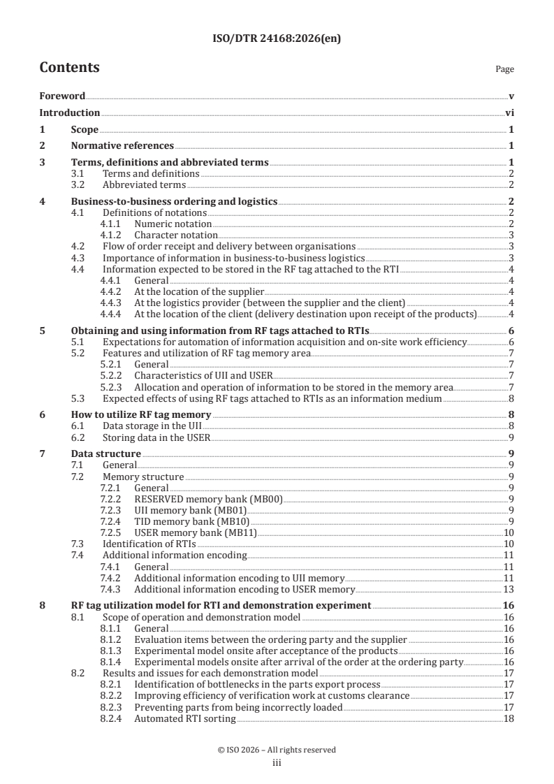ISO/DTR 24168 ISO/DTR 24168 - Packaging — Effective use of radio frequency tags on returnable transport items (RTIs) to obtain information concerning goods on or in RTIs - Page 3 preview