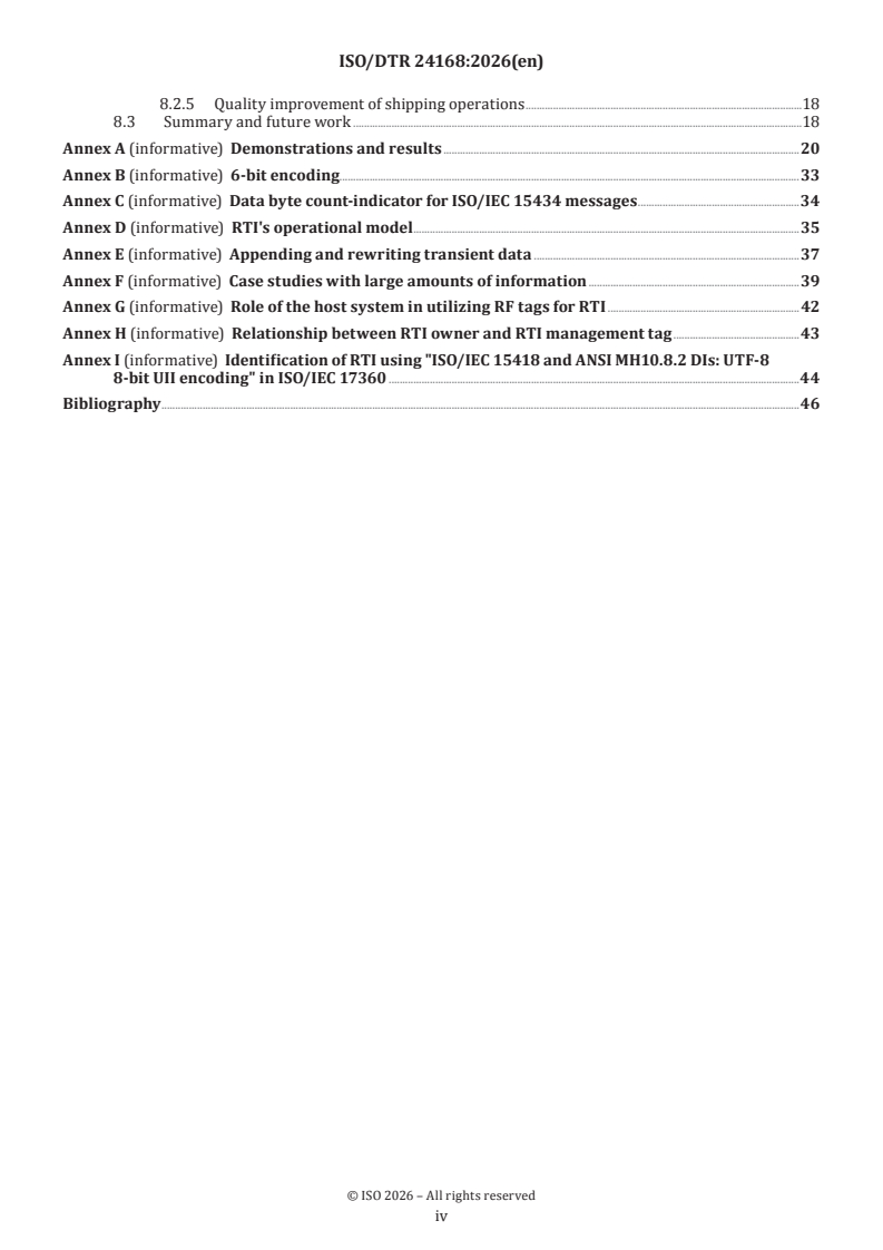 ISO/DTR 24168 ISO/DTR 24168 - Packaging — Effective use of radio frequency tags on returnable transport items (RTIs) to obtain information concerning goods on or in RTIs - Page 4 preview