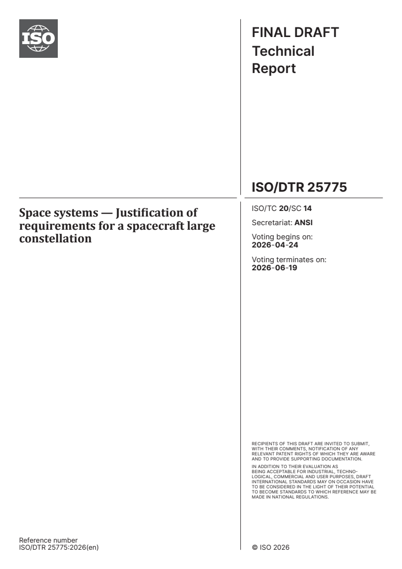 ISO/DTR 25775.2 ISO/DTR 25775 - Space systems — Justification of requirements for a spacecraft large constellation - Page 1 preview
