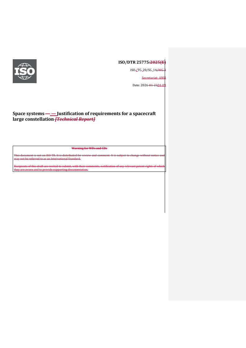 ISO/DTR 25775.2 REDLINE ISO/DTR 25775 - Space systems — Justification of requirements for a spacecraft large constellation - Page 1 preview