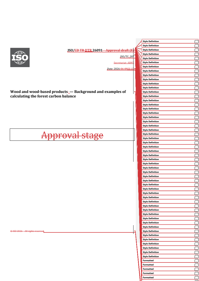 ISO/DTR 26091 REDLINE ISO/DTR 26091 - Wood and wood-based products — Background and examples of calculating the forest carbon balance - Page 1 preview