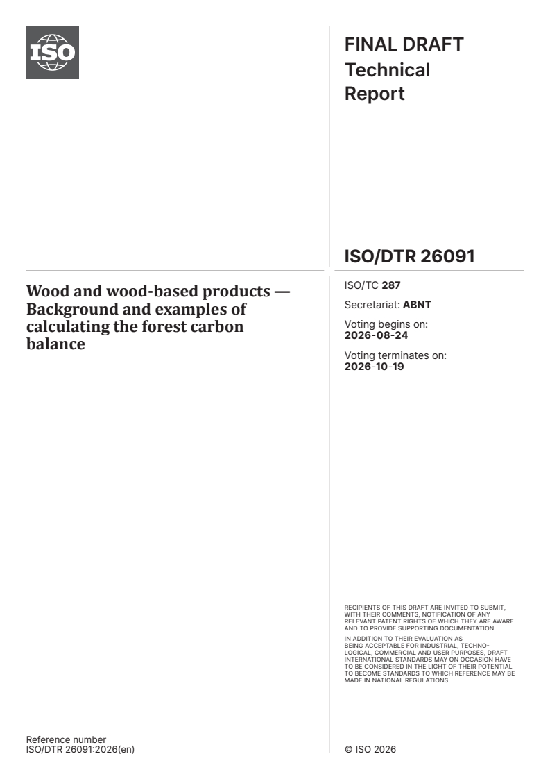ISO/DTR 26091 ISO/DTR 26091 - Wood and wood-based products — Background and examples of calculating the forest carbon balance - Page 1 preview