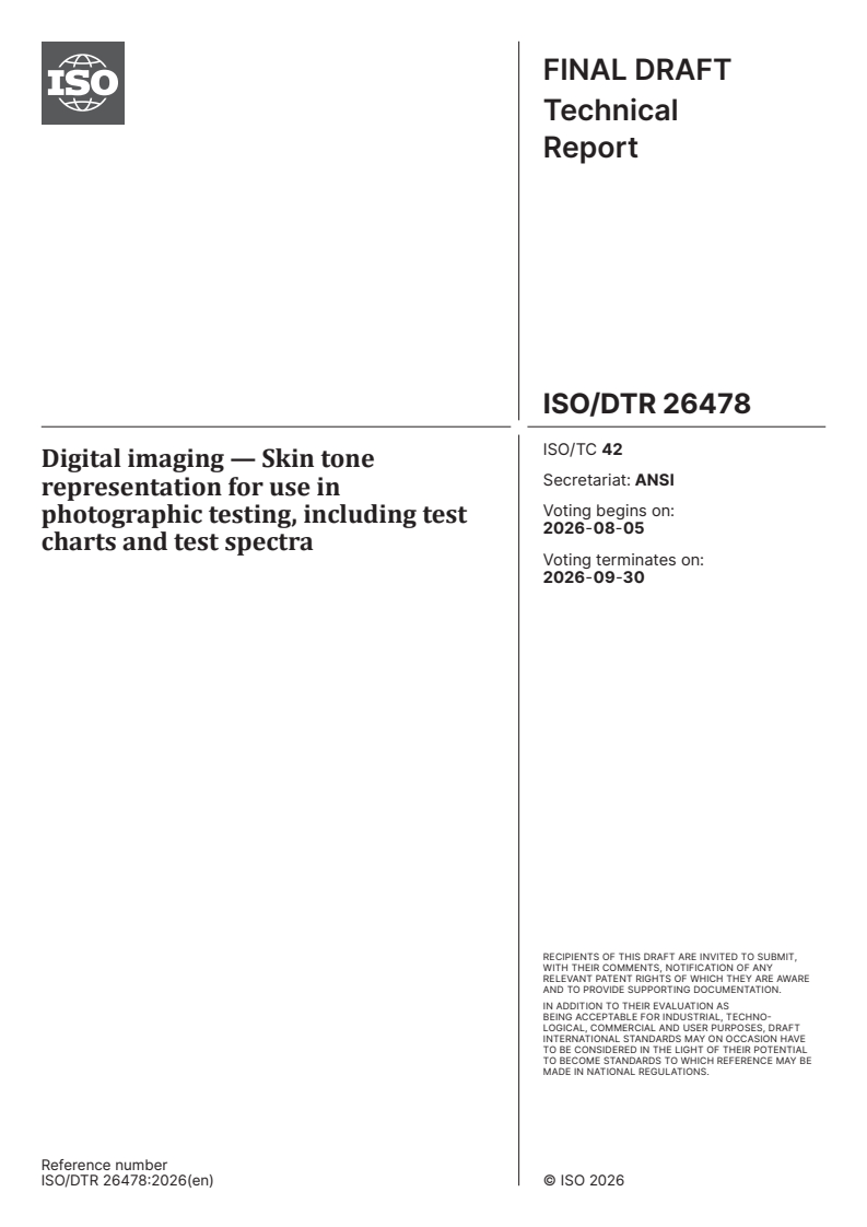 ISO/DTR 26478 ISO/DTR 26478 - Digital imaging — Skin tone representation for use in photographic testing, including test charts and test spectra - Page 1 preview