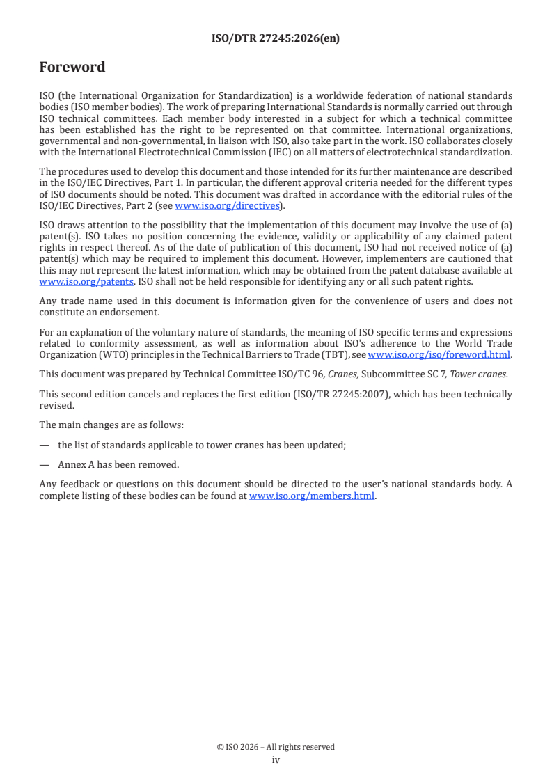ISO/DTR 27245 ISO/DTR 27245 - Cranes — Tower cranes — International Standards for design, manufacture, use and maintenance requirements and recommendations - Page 4 preview