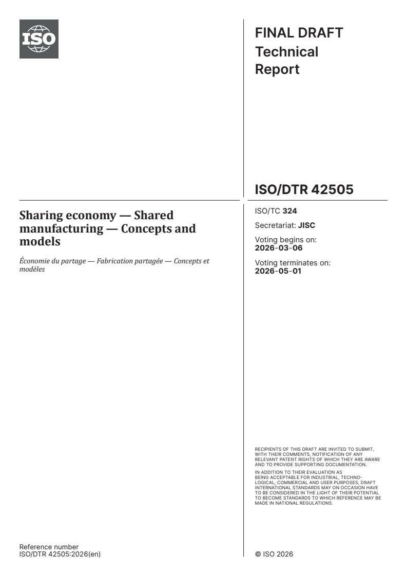 ISO/TR 42505 ISO/DTR 42505 - Sharing economy — Shared manufacturing — Concepts and models - Page 1 preview