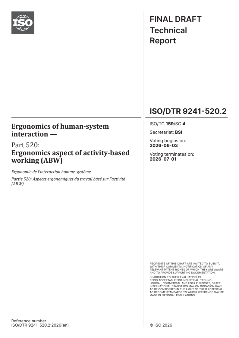 ISO/DTR 9241-520.3 ISO/DTR 9241-520.2 - Ergonomics of human-system interaction — Part 520: Ergonomics aspect of activity-based working (ABW) - Page 1 preview