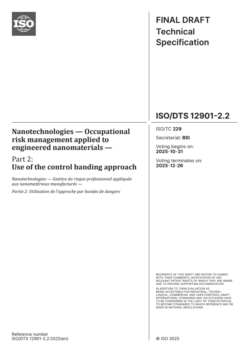 ISO/DTS 12901-2.2 ISO/DTS 12901-2.2 - Nanotechnologies — Occupational risk management applied to engineered nanomaterials — Part 2: Use of the control banding approach
Released:10/17/2025