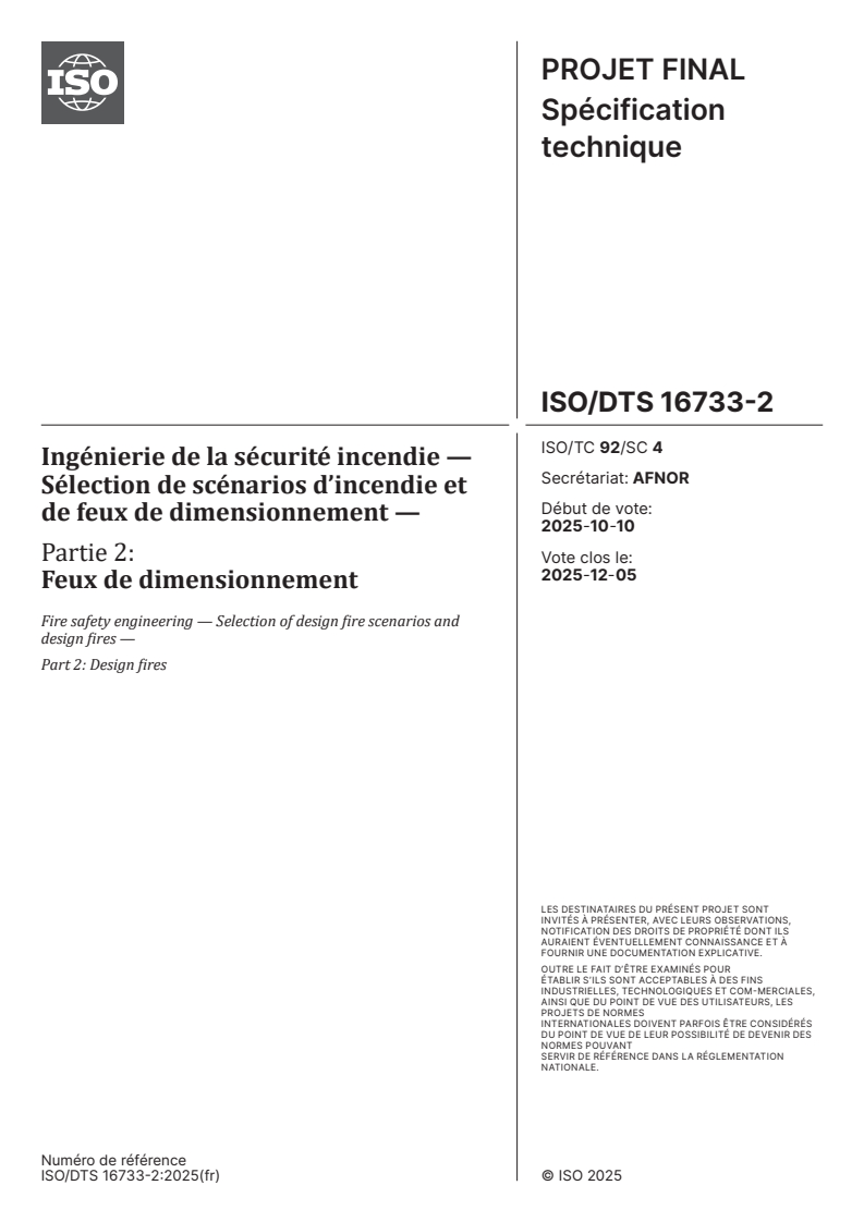 ISO/DTS 16733-2 - Ingénierie de la sécurité incendie — Sélection de scénarios d’incendie et de feux de dimensionnement — Partie 2: Feux de dimensionnement
Released:17. 11. 2025