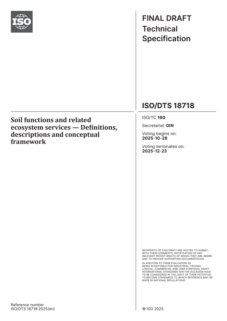 ISO/TS 18718 ISO/DTS 18718 - Soil functions and related ecosystem services — Definitions, descriptions and conceptual framework
Released:10/14/2025 - Page 1 preview