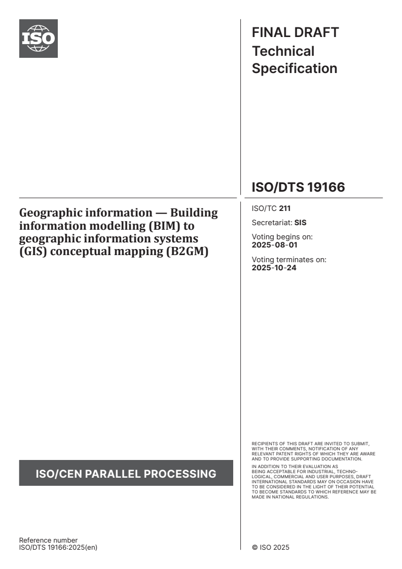 ISO/DTS 19166 - Geographic information — Building information modelling (BIM) to geographic information systems (GIS) conceptual mapping (B2GM)
Released:18. 07. 2025