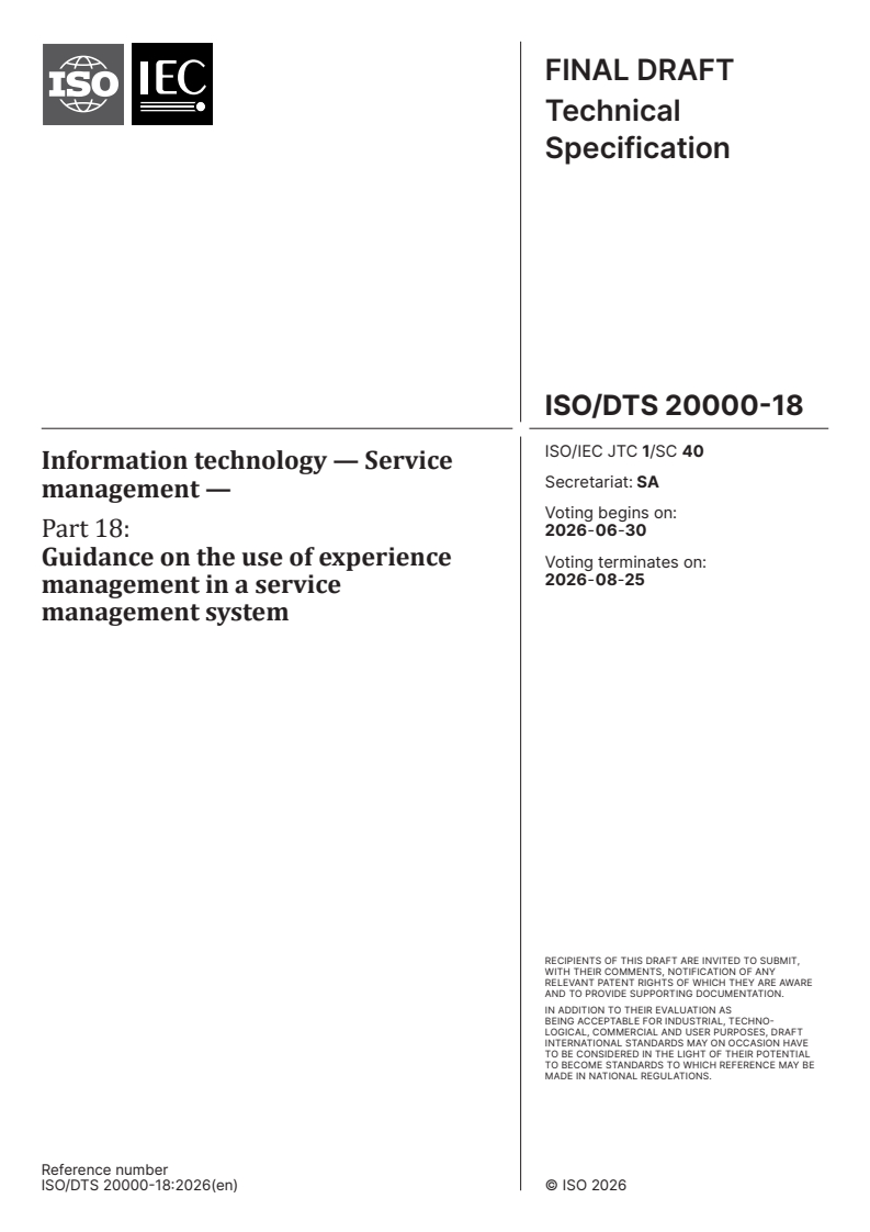 ISO/IEC TS 20000-18 ISO/DTS 20000-18 - Information technology — Service management — Part 18: Guidance on the use of experience management in a service management system - Page 1 preview