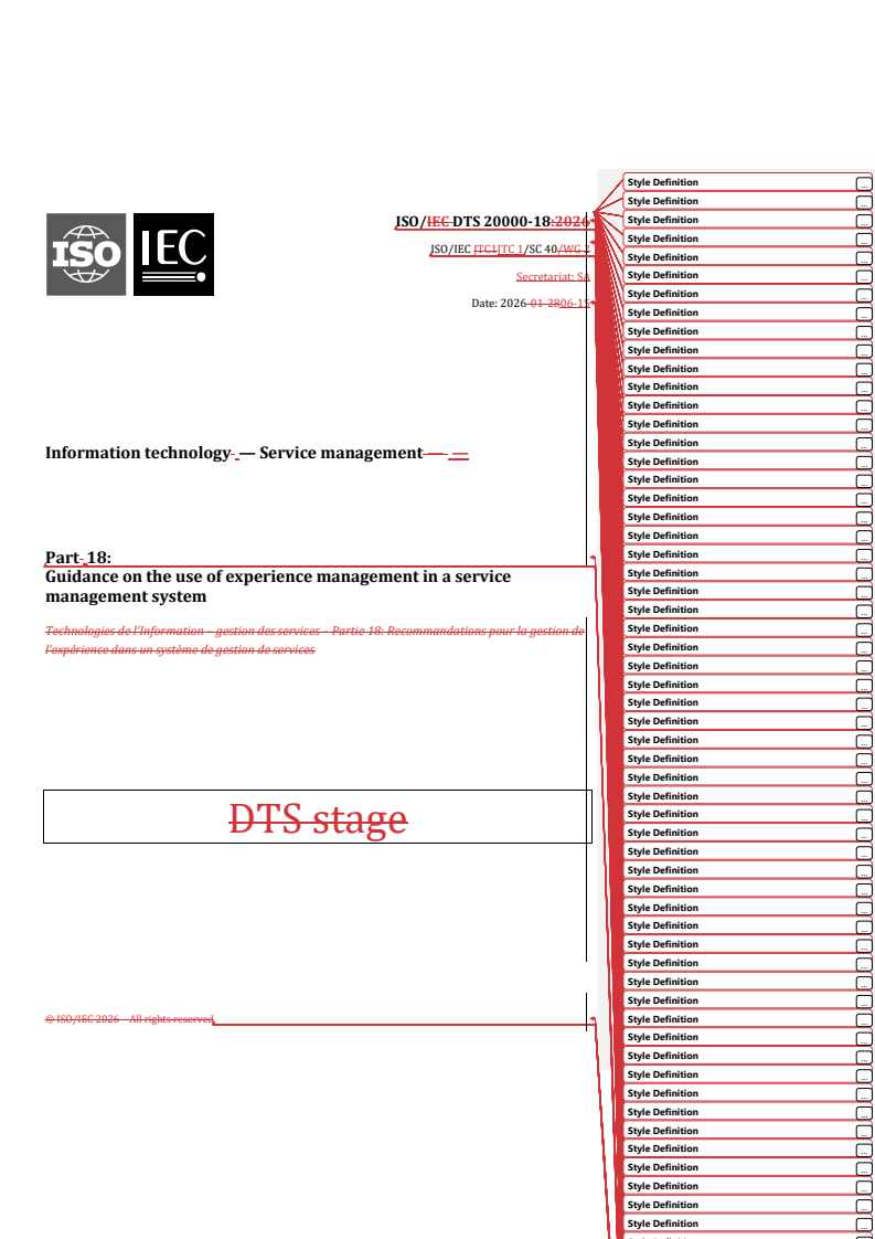 ISO/IEC TS 20000-18 REDLINE ISO/DTS 20000-18 - Information technology — Service management — Part 18: Guidance on the use of experience management in a service management system - Page 1 preview