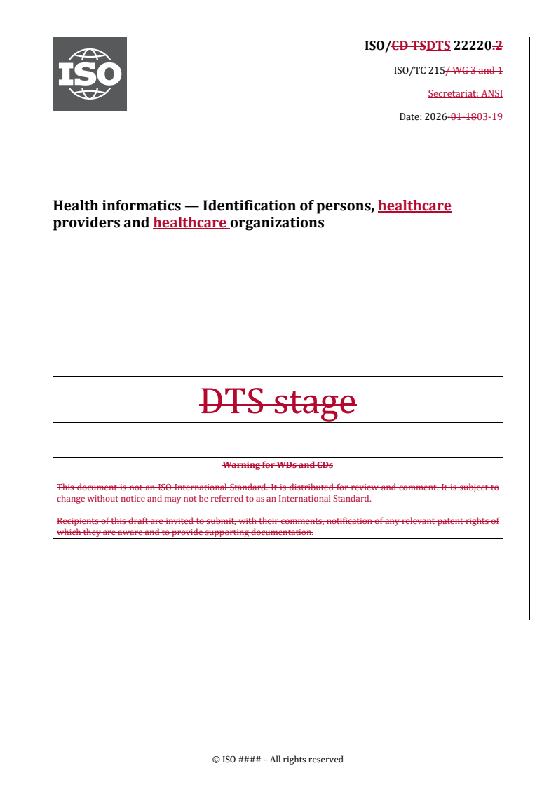 ISO/DTS 22220 REDLINE ISO/DTS 22220 - Health informatics — Identification of persons, healthcare providers and healthcare organizations - Page 1 preview