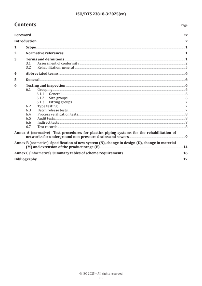 ISO/DTS 23818-3 ISO/DTS 23818-3 - Assessment of conformity of plastics piping systems for the rehabilitation of existing pipelines — Part 3: Unplasticised poly(vinyl chloride) (PVC-U) material
Released:22. 10. 2025 - Page 3 preview