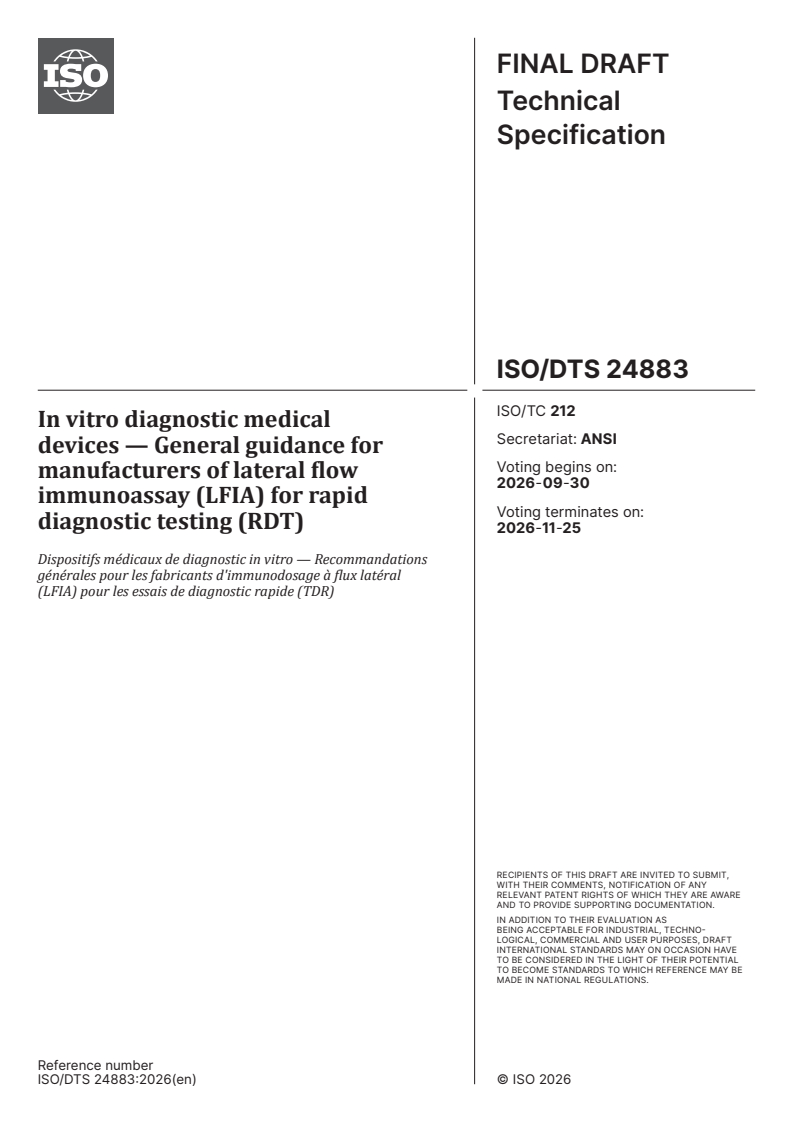 ISO/DTS 24883 ISO/DTS 24883 - In vitro diagnostic medical devices — General guidance for manufacturers of lateral flow immunoassay (LFIA) for rapid diagnostic testing (RDT) - Page 1 preview