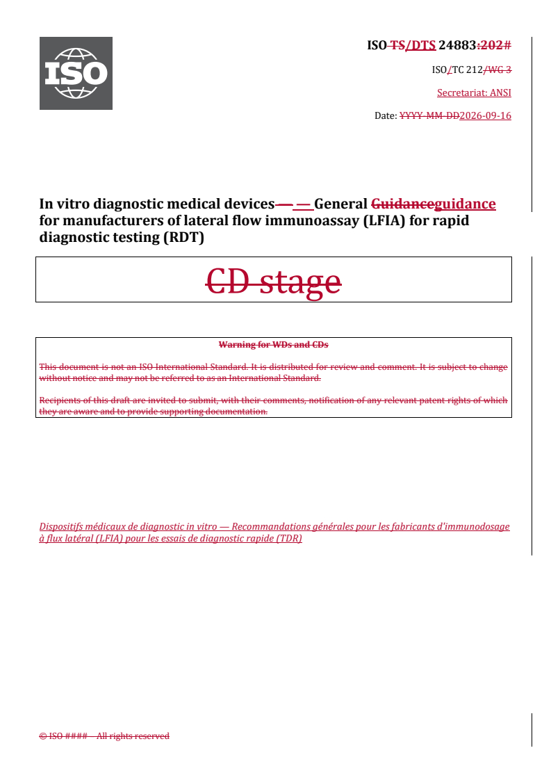 ISO/DTS 24883 REDLINE ISO/DTS 24883 - In vitro diagnostic medical devices — General guidance for manufacturers of lateral flow immunoassay (LFIA) for rapid diagnostic testing (RDT) - Page 1 preview