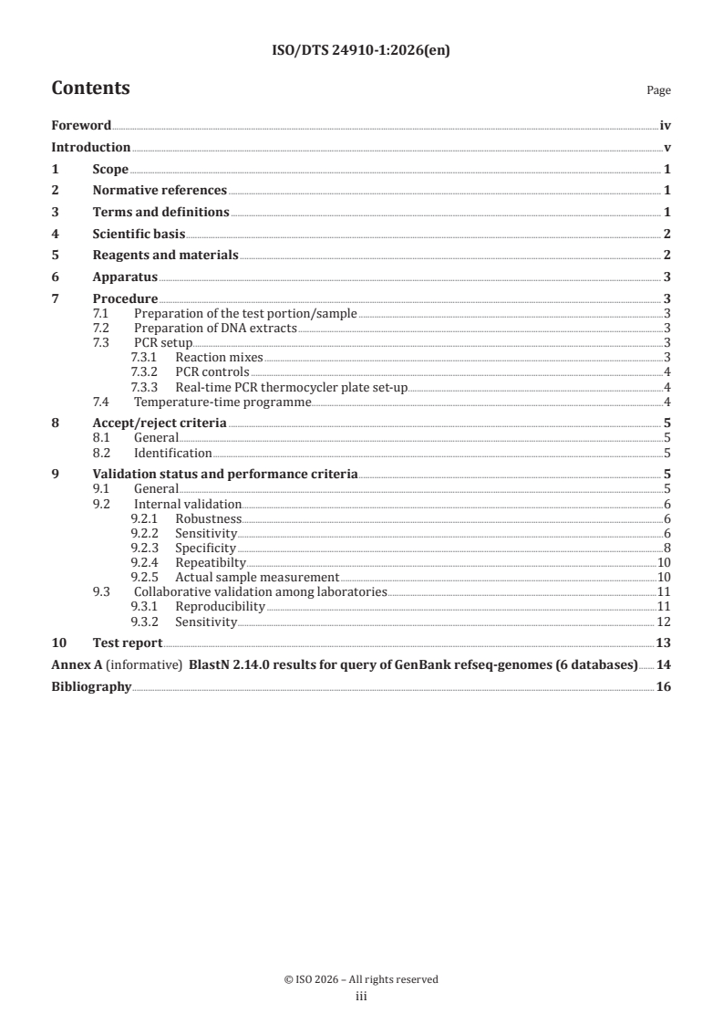ISO/DTS 24910-1 ISO/DTS 24910-1 - Molecular biomarker analysis — Detection of plant-derived materials in food by real-time polymerase chain reaction (PCR) — Part 1: Chickpea DNA detection method - Page 3 preview