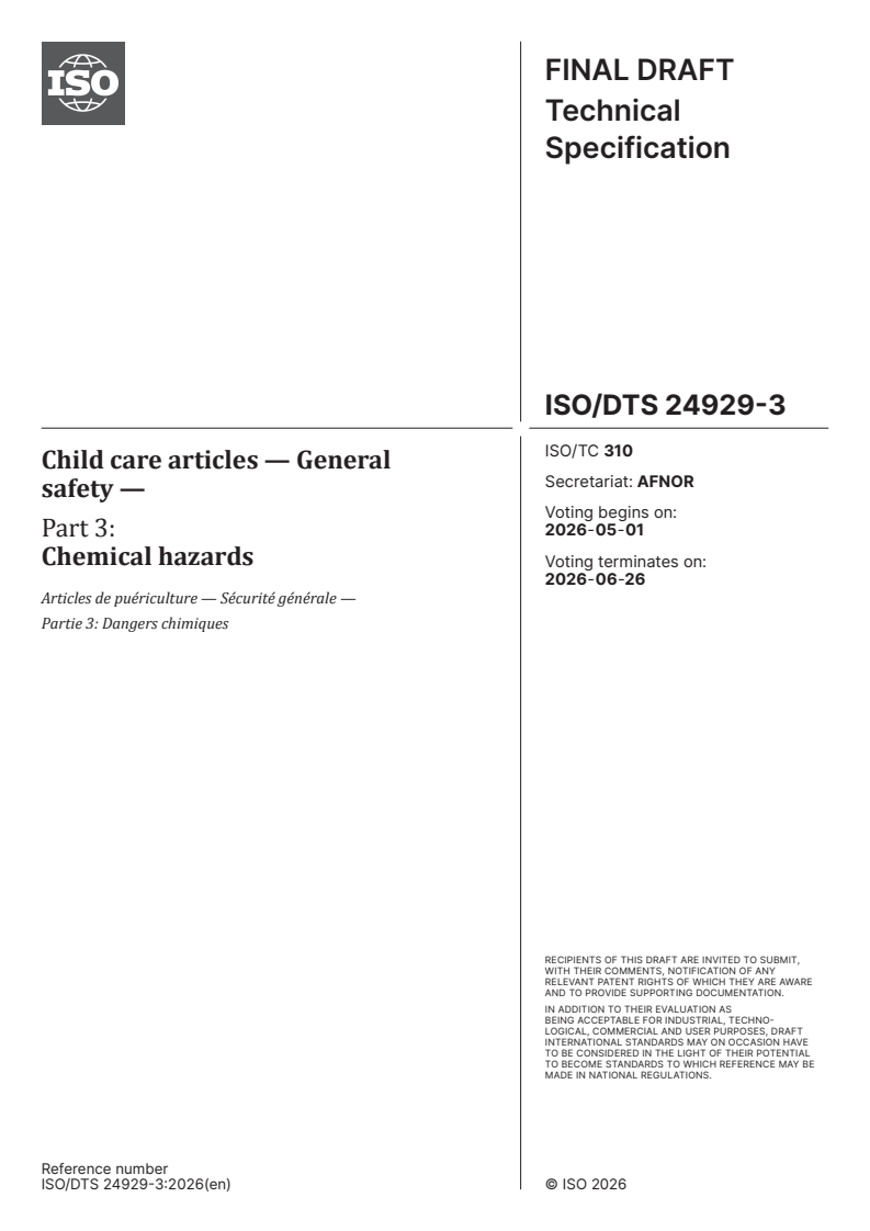 ISO/DTS 24929-3 ISO/DTS 24929-3 - Child care articles — General safety — Part 3: Chemical hazards - Page 1 preview