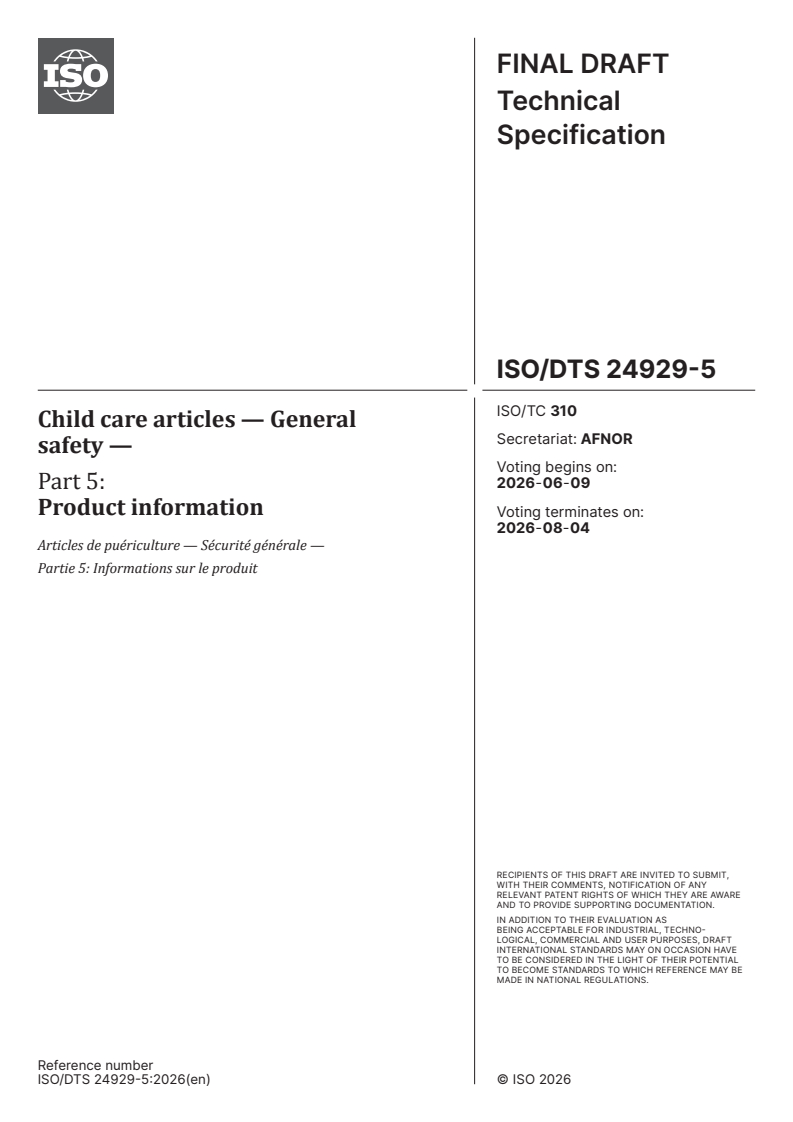 ISO/TS 24929-5 ISO/DTS 24929-5 - Child care articles — General safety — Part 5: Product information - Page 1 preview