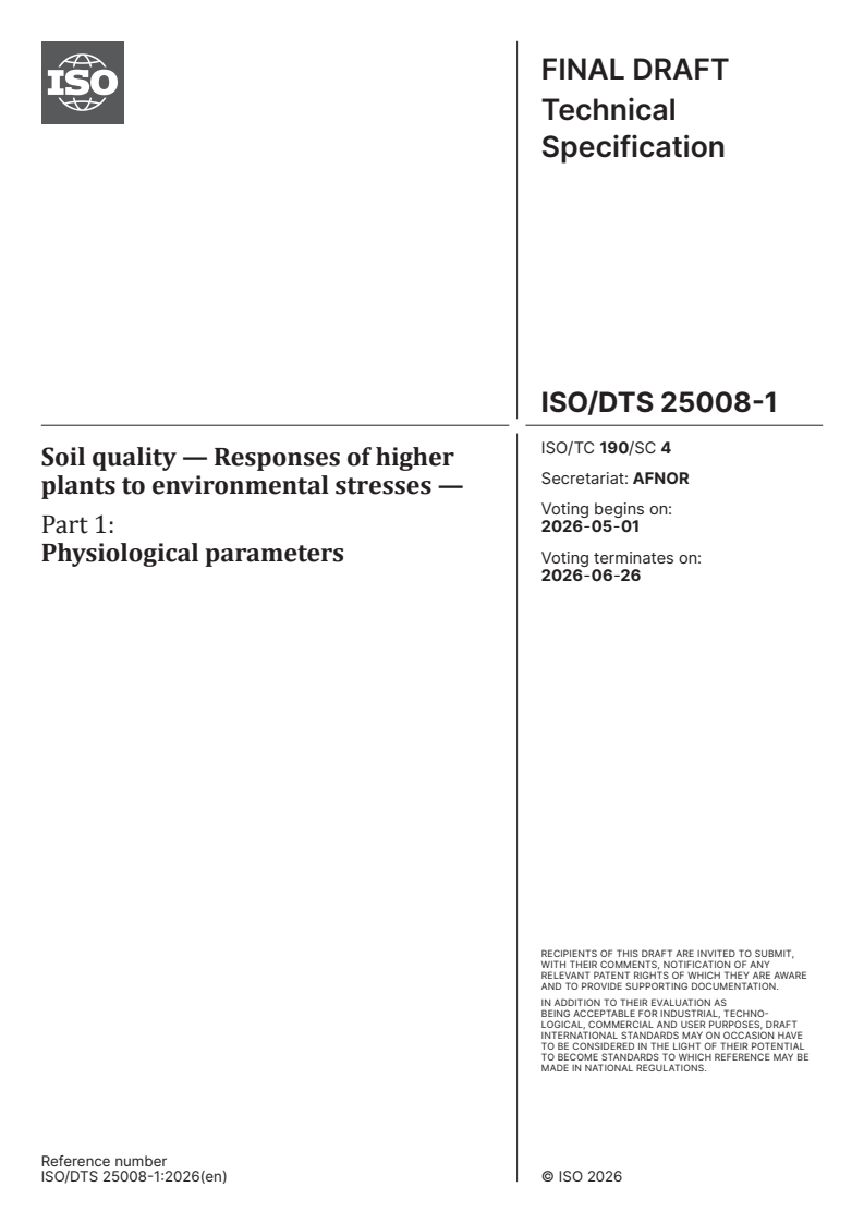 ISO/DTS 25008-1.2 ISO/DTS 25008-1 - Soil quality — Responses of higher plants to environmental stresses — Part 1: Physiological parameters - Page 1 preview
