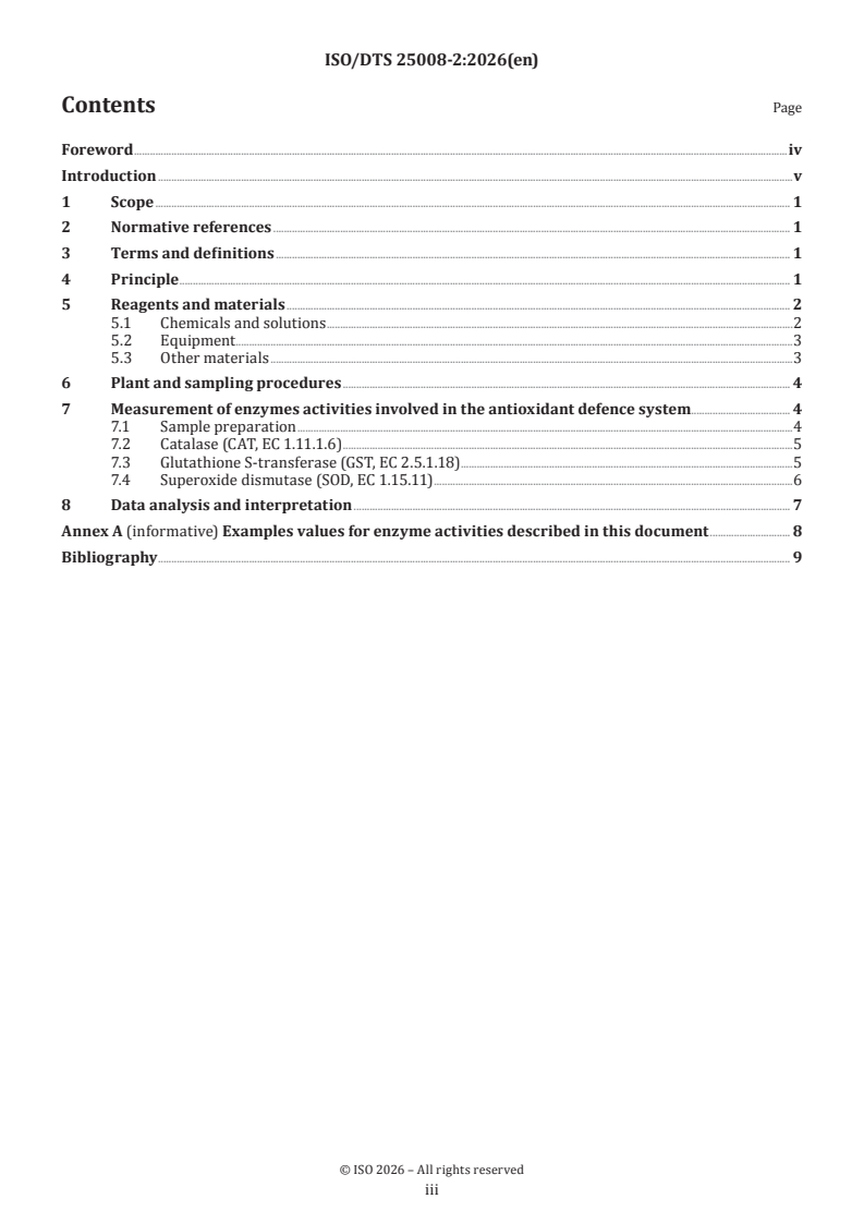 ISO/DTS 25008-2.2 ISO/DTS 25008-2 - Soil quality — Responses of higher plants to environmental stresses — Part 2: Methods to assess enzyme activities of antioxidant defence system - Page 3 preview