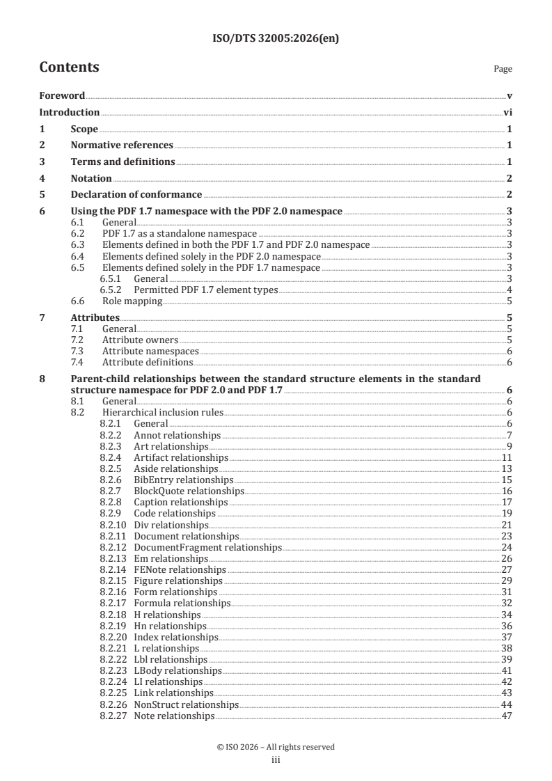 ISO/DTS 32005.2 ISO/DTS 32005 - Document management — Portable Document Format — PDF 1.7 and 2.0 structure namespace inclusion in ISO 32000-2 - Page 3 preview