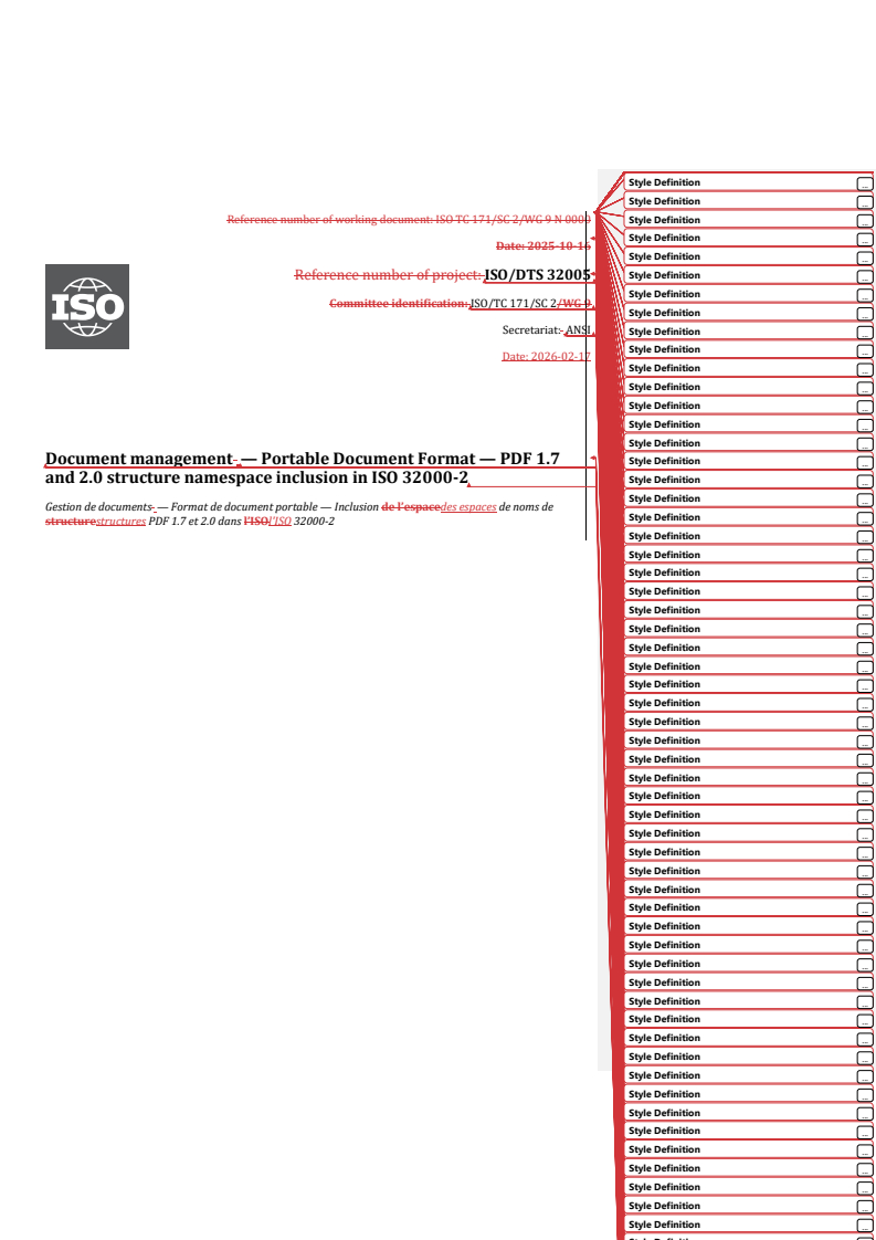 ISO/DTS 32005.2 REDLINE ISO/DTS 32005 - Document management — Portable Document Format — PDF 1.7 and 2.0 structure namespace inclusion in ISO 32000-2 - Page 1 preview