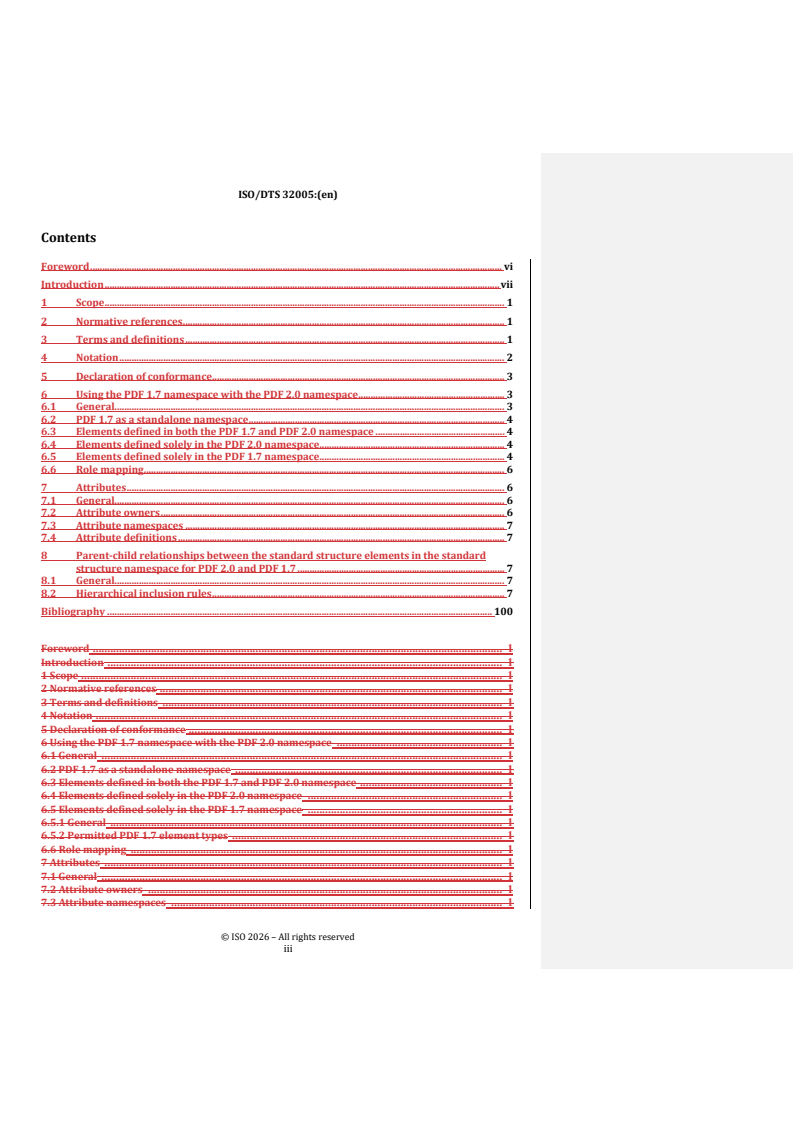ISO/DTS 32005.2 REDLINE ISO/DTS 32005 - Document management — Portable Document Format — PDF 1.7 and 2.0 structure namespace inclusion in ISO 32000-2 - Page 3 preview
