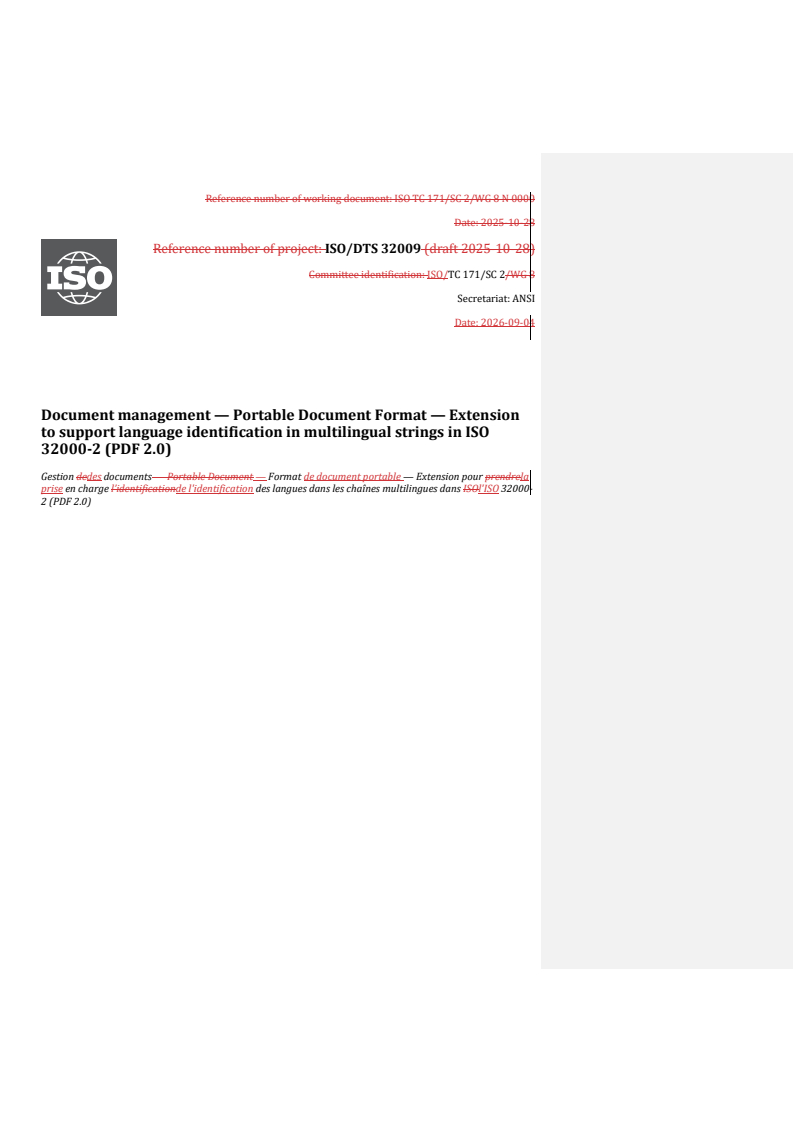 ISO/DTS 32009 REDLINE ISO/DTS 32009 - Document management — Portable Document Format — Extension to support language identification in multilingual strings in ISO 32000-2 (PDF 2.0) - Page 1 preview