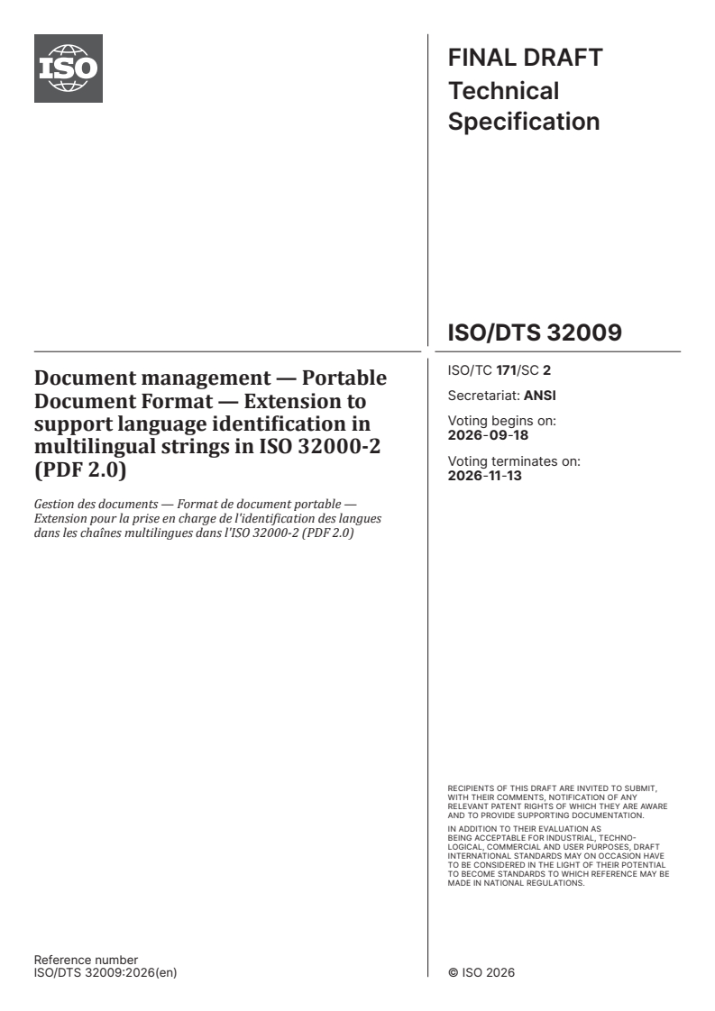 ISO/DTS 32009 ISO/DTS 32009 - Document management — Portable Document Format — Extension to support language identification in multilingual strings in ISO 32000-2 (PDF 2.0) - Page 1 preview