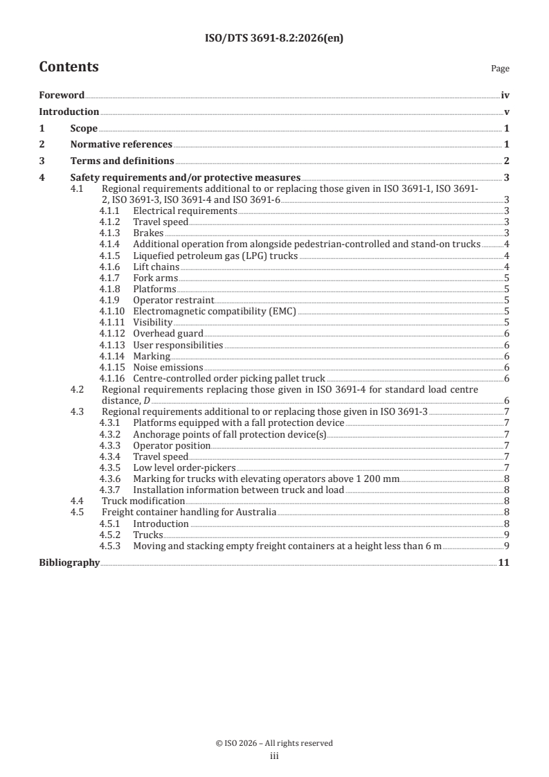 ISO/DTS 3691-8.2 ISO/DTS 3691-8.2 - Industrial trucks — Safety requirements and verification — Part 8: Regional requirements for countries outside the European Community - Page 3 preview