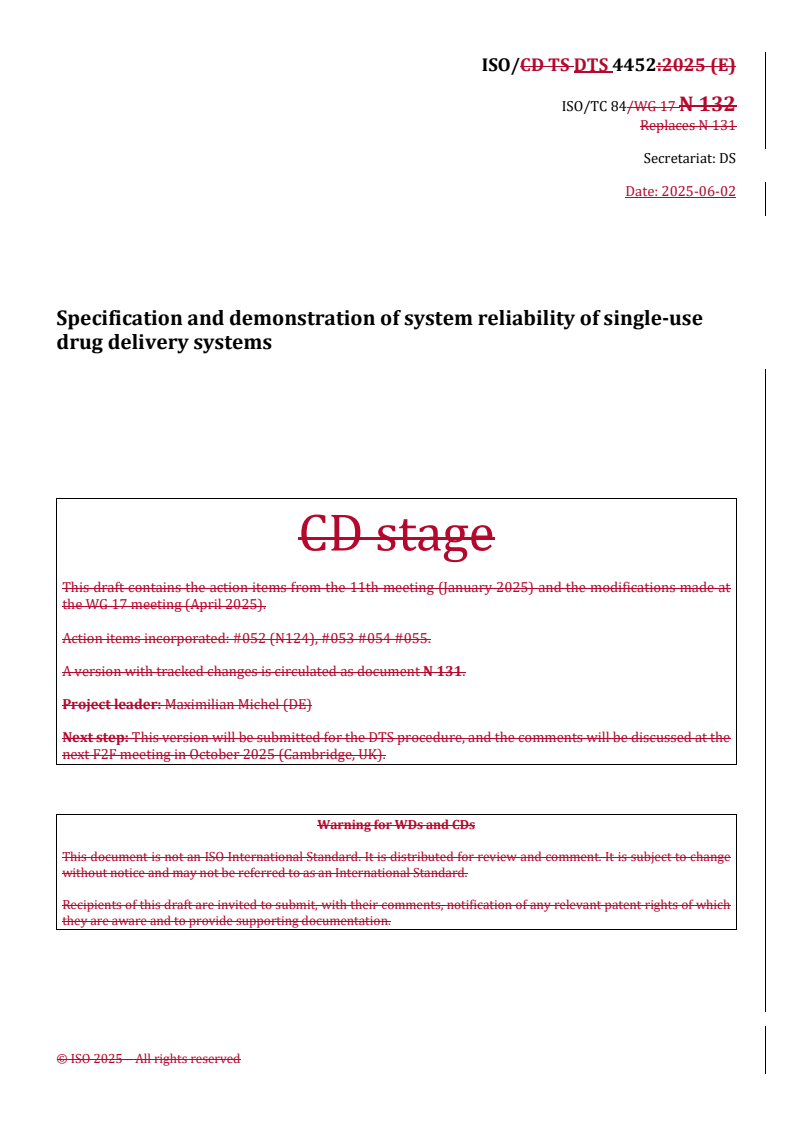 REDLINE ISO/DTS 4452 - Specification and demonstration of system reliability of single-use drug delivery systems
Released:3. 06. 2025