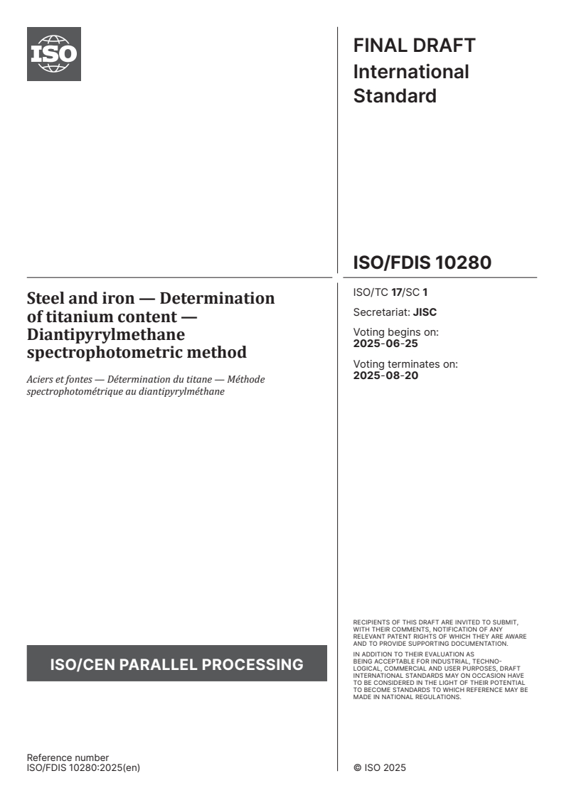 ISO/FDIS 10280 - Steel and iron — Determination of titanium content — Diantipyrylmethane spectrophotometric method
Released:11. 06. 2025