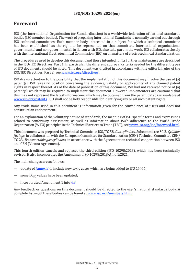 ISO/FDIS 10298 ISO/FDIS 10298 - Gas cylinders — Gases and gas mixtures — Determination of toxicity for the selection of cylinder valve outlets - Page 4 preview