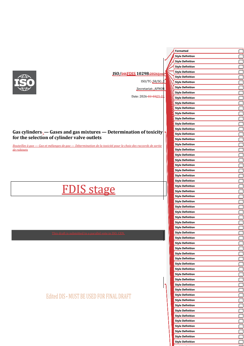 ISO/FDIS 10298 REDLINE ISO/FDIS 10298 - Gas cylinders — Gases and gas mixtures — Determination of toxicity for the selection of cylinder valve outlets - Page 1 preview