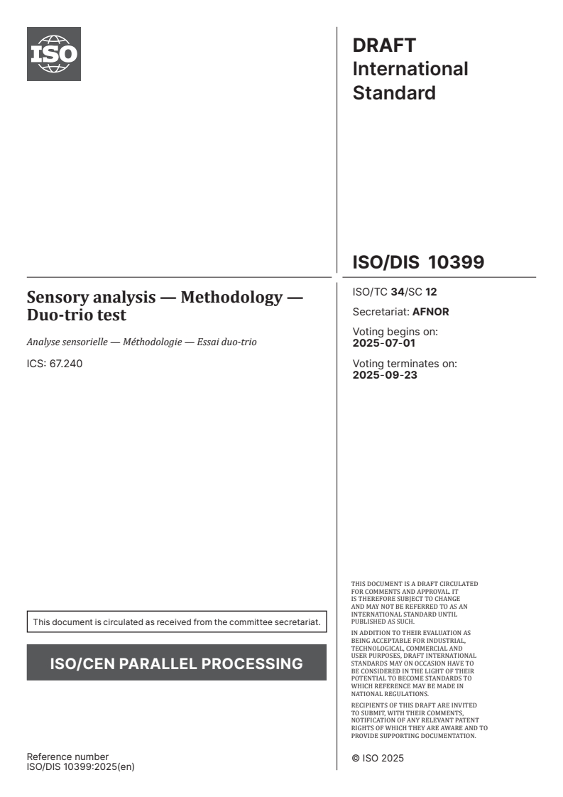 ISO/FDIS 10399 ISO/FDIS 10399 - Sensory analysis — Methodology — Duo-trio test/6/2025 - Page 1 preview