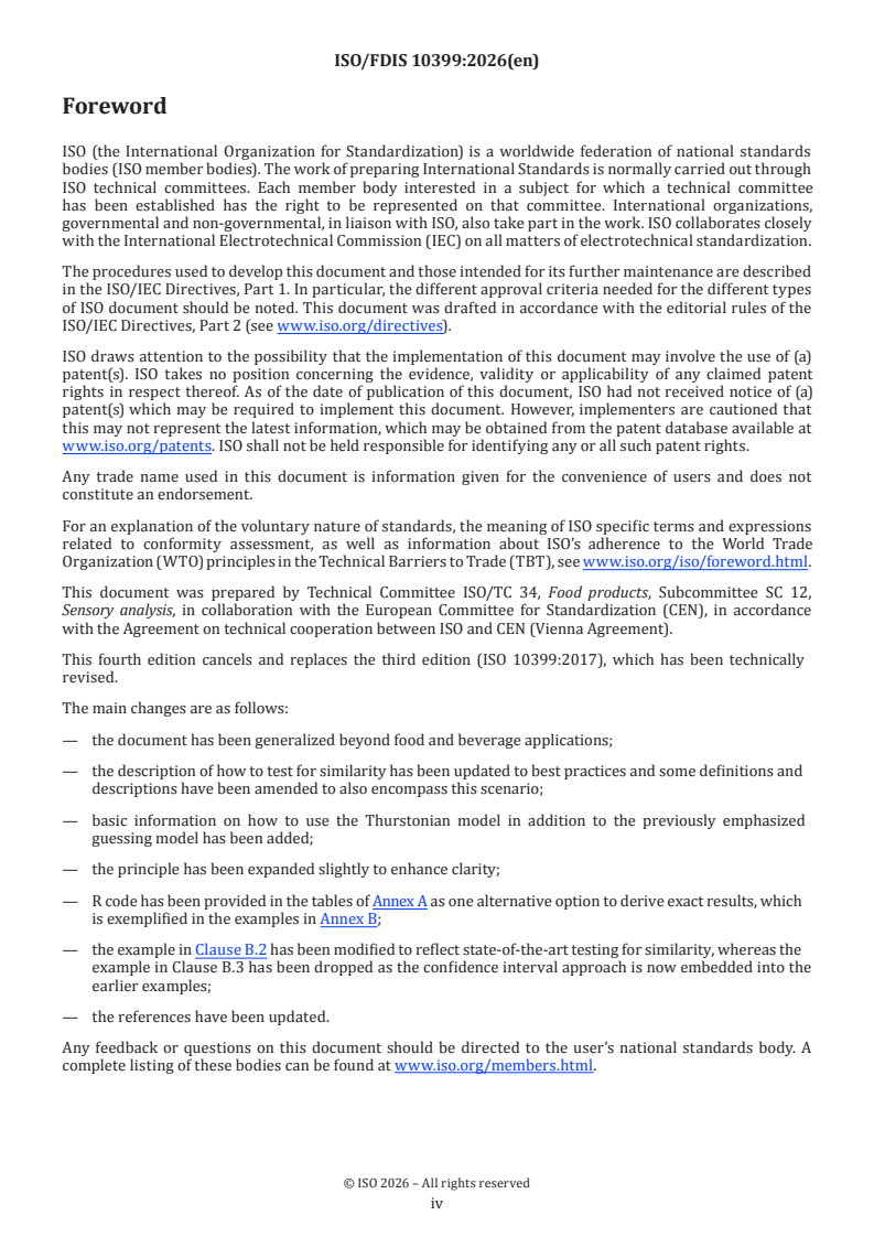 ISO/FDIS 10399 ISO/FDIS 10399 - Sensory analysis — Methodology — Duo-trio test/12/2026 - Page 4 preview