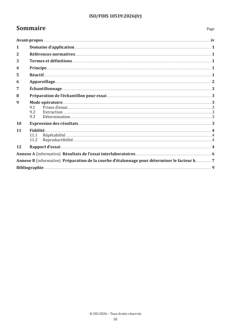 ISO 10519 ISO/FDIS 10519 - Graines de colza — Détermination de la teneur en chlorophylle — Méthode spectrométrique - Page 3 preview