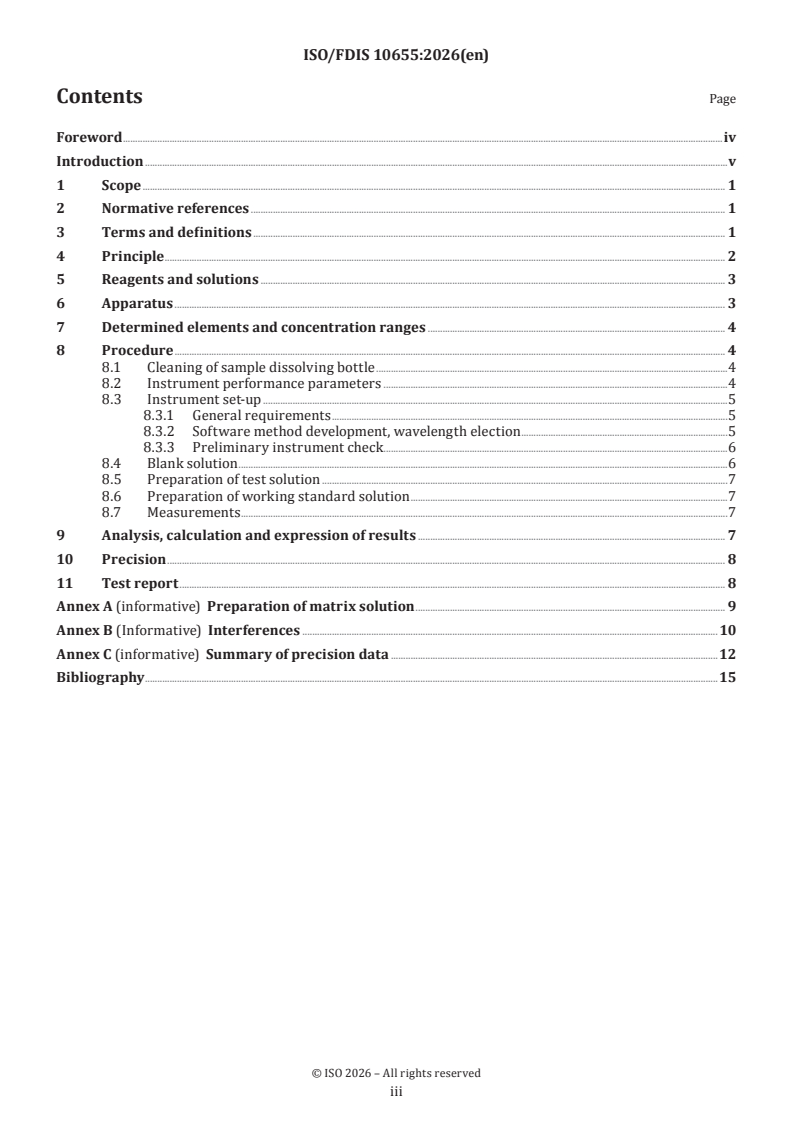ISO/FDIS 10655 ISO/FDIS 10655 - Methods for analysis of lithium hexafluorophosphate — Determination of metal ions content by inductively coupled plasma optical emission spectrometry (ICP-OES) - Page 3 preview