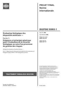 ISO 10993-1:2025 ISO/FDIS 10993-1 - Évaluation biologique des dispositifs médicaux — Partie 1: Exigences et principes généraux pour l’évaluation de la sécurité biologique au sein d’un processus de gestion des risques
Released:28. 05. 2025 - Page 1 preview