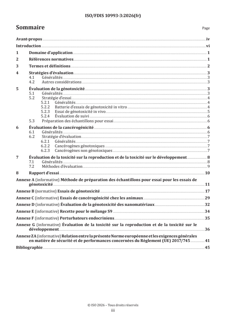 ISO/FDIS 10993-3 ISO/FDIS 10993-3 - Évaluation biologique des dispositifs médicaux — Partie 3: Évaluation de la génotoxicité, de la cancérogénicité, de la toxicité sur la reproduction et de la toxicité sur le développement - Page 3 preview