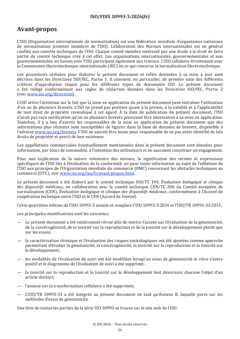ISO/FDIS 10993-3 ISO/FDIS 10993-3 - Évaluation biologique des dispositifs médicaux — Partie 3: Évaluation de la génotoxicité, de la cancérogénicité, de la toxicité sur la reproduction et de la toxicité sur le développement - Page 4 preview
