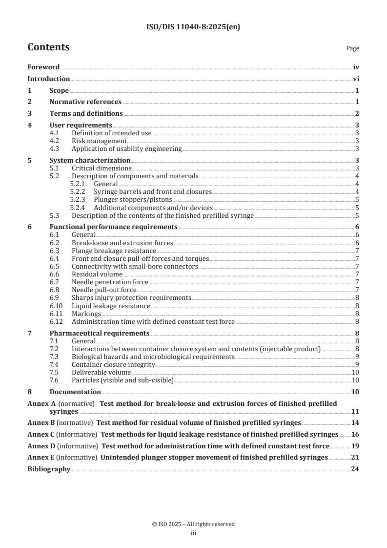 ISO/FDIS 11040-8 ISO/FDIS 11040-8 - Prefilled syringes — Part 8: Requirements and test methods for finished prefilled syringes/15/2025 - Page 3 preview