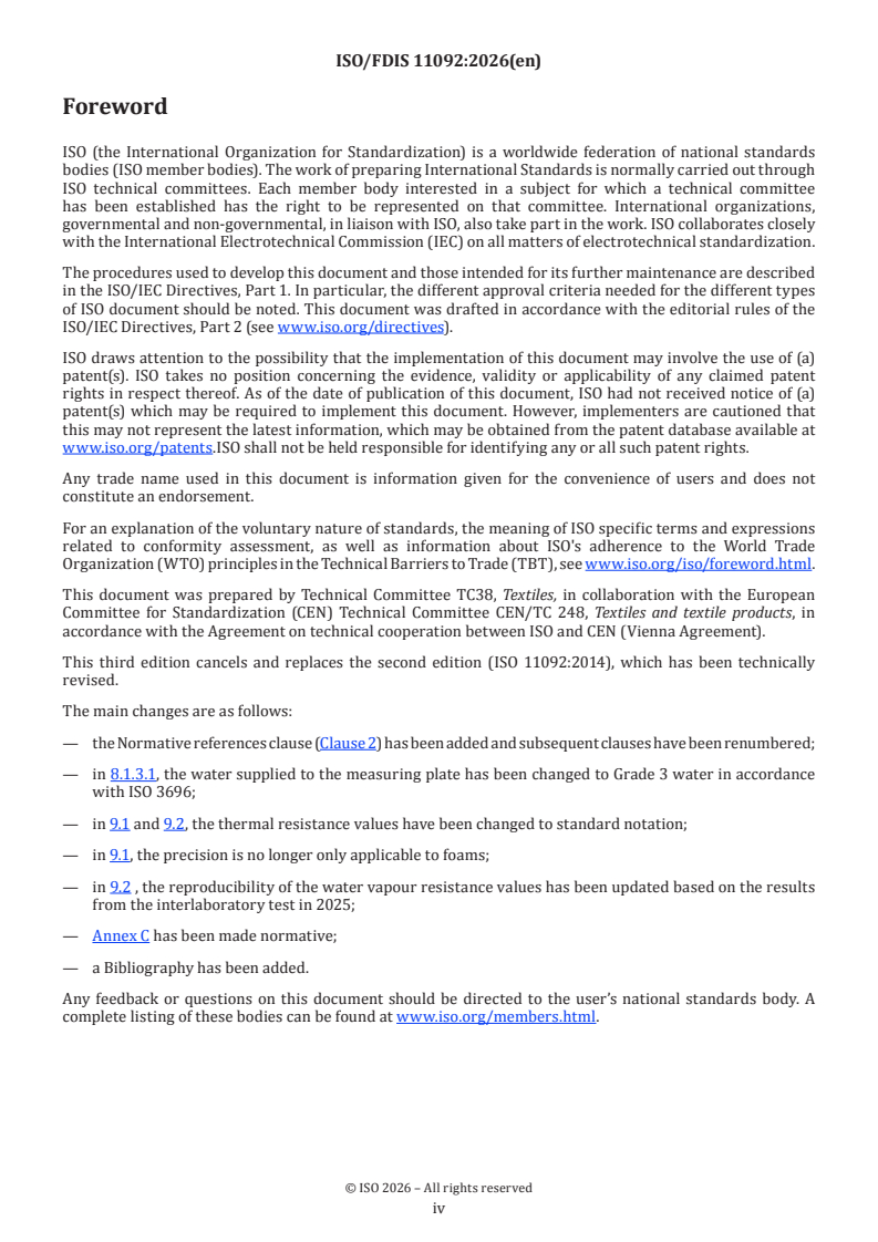 ISO/FDIS 11092 ISO/FDIS 11092 - Textiles — Physiological effects — Measurement of thermal and water-vapour resistance under steady-state conditions (sweating guarded-hotplate test) - Page 4 preview