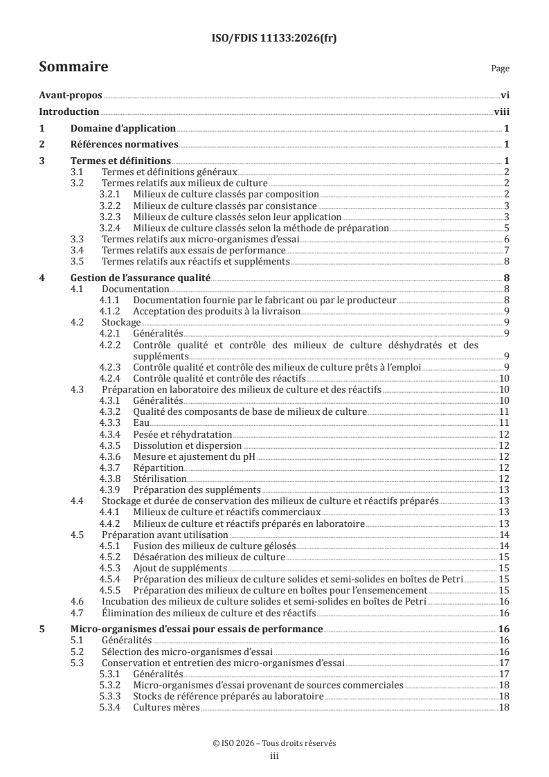 ISO/FDIS 11133 ISO/FDIS 11133 - Microbiologie de la chaîne alimentaire, des aliments pour animaux et de l’eau — Préparation, production, stockage et essais de performance des milieux de culture et des réactifs - Page 3 preview